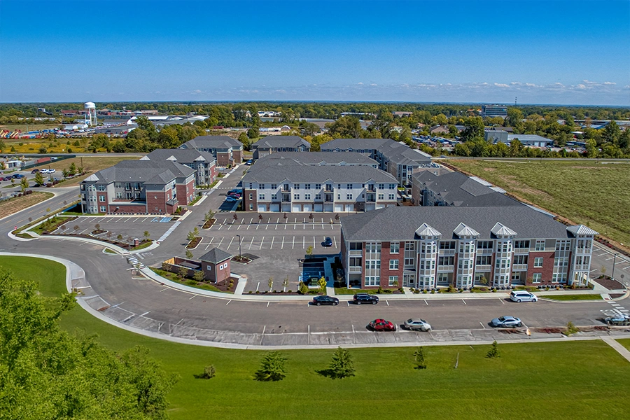 Aerial view of Wheelhouse Apartments and surrounding area